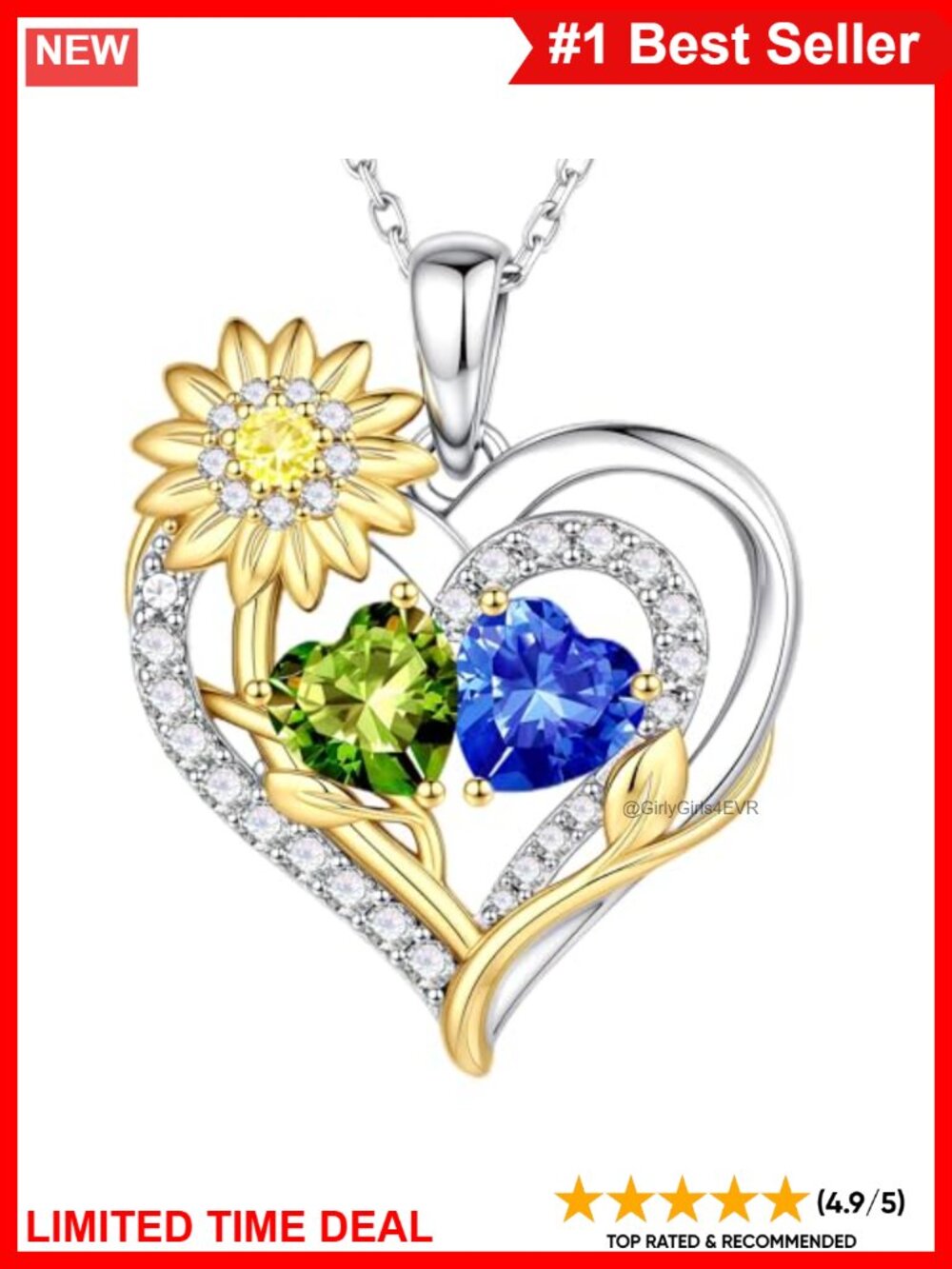 925 Sterling Silver Sunflower Pendant Necklace Double Heart 19+2 Inch
